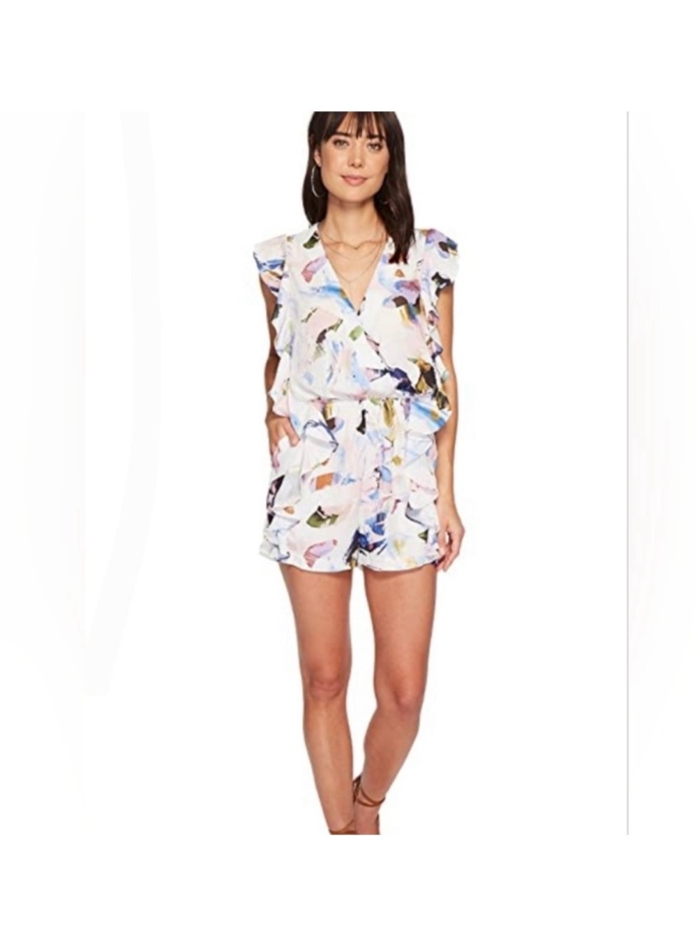 bishop + young White Floral Watercolor Romper with Pastel Accents